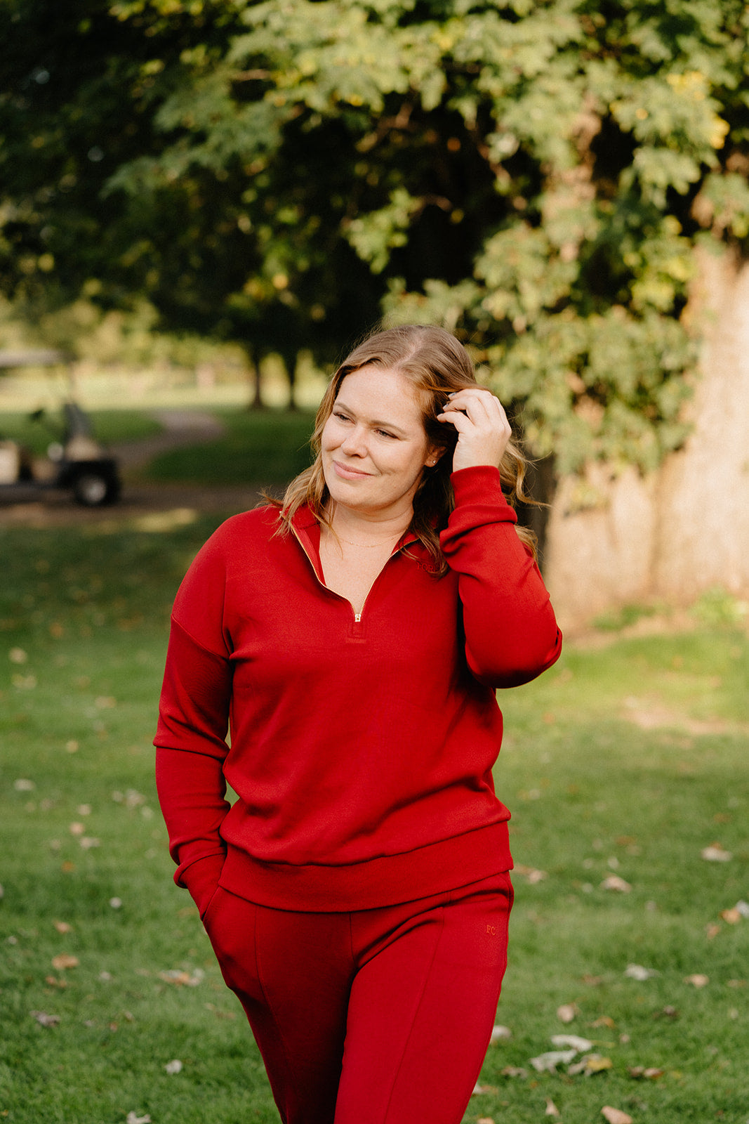 Women’s Gold Zip Scuba Quarter-Zip Sweater – Soft Stretch Golf & Lounge Pullover